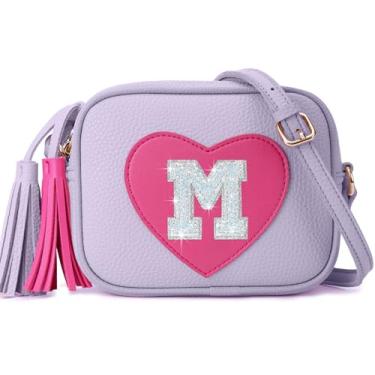 Imagem de OYLOLA Presentes de aniversário para meninas, inicial para meninas, bolsa infantil, bolsas infantis, presentes para meninas, bolsas de coração para meninas, Roxa, M