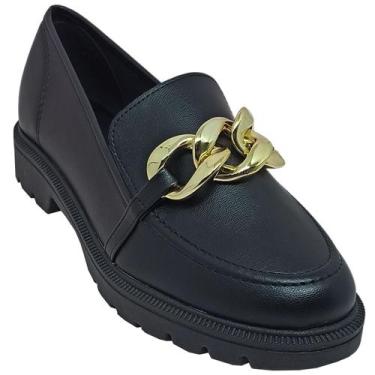 Imagem de Sapato Beira Rio Mocassim Feminino Tratorado Casual, Preto, Ouro, 34