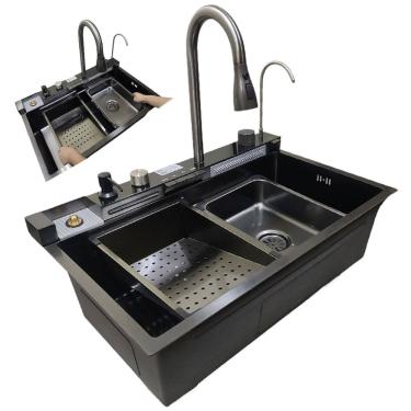 Imagem de Cuba Gourmet Pia Inox Premium Luxo Cozinha Inteligente Torneira Agua Fria Quente Painel Digital Monocomando Limpador de Copo Dispenser