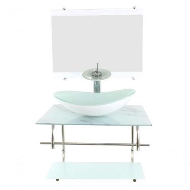 Imagem de Gabinete De Vidro Inox Para Banheiro 60Cm Oval Mármore Branco
