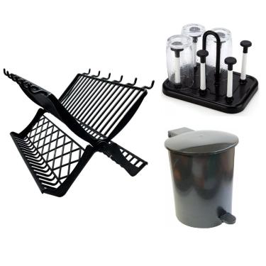 Imagem de Conjunto De Cozinha Escorredor Pratos Copos Lixeira 3 Peças