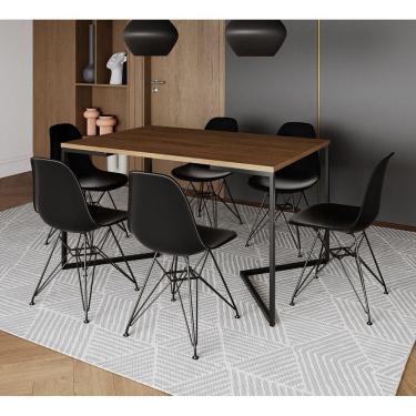 Imagem de Mesa Industrial Jantar Retangular 137X90Cm Amêndoa Base V Com 6 Cadeiras Eames Eiffel Pretas Ferro P