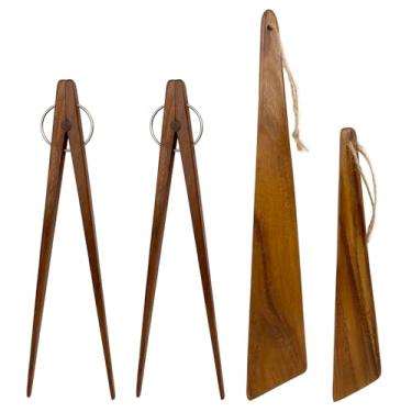 Imagem de UPTALY 2 espátulas finas de madeira para omelete (30 cm, 22 cm), 2 pinças de pauzinhos para sushi (25 cm), madeira de acácia, espátula de madeira pequena, para ovos fritos, pinça de chef, raspador