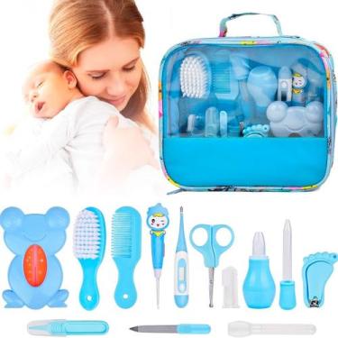 Imagem de Kit Higiene Infantil Azul Bolsa Tesoura Cortador Unhas