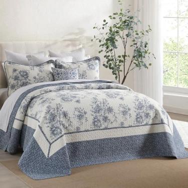 Imagem de SOElinens Colchas King extragrandes 128 x 120 extra largas - Conjunto de colcha floral botânica reversível California King, edredom leve e fino, 3 peças, 100% algodão, Cal King, azul marinho/branco