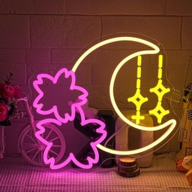 Imagem de Sinal neon Sakura e Lua para decoração de parede, arte de parede com luz neon Sakura regulável, placa de LED USB para sala de jogos, quarto, sala de estar