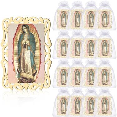 Imagem de Quelay Molduras de madeira de Nossa Senhora de Guadalupe com sacos de presente de organza para lembrancinhas de batismo para convidados de primeira comunhão, presente católico, Recuerdos De Bautizo