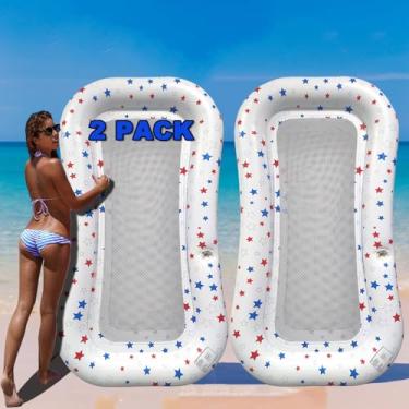 Imagem de POORAFTERS Pacote com 2 boias brancas ultraconfortáveis refrescantes para piscina, boia extra-grande coberta de tecido, com suporte para copos, espreguiçadeira flutuante para adultos, praia, piscina