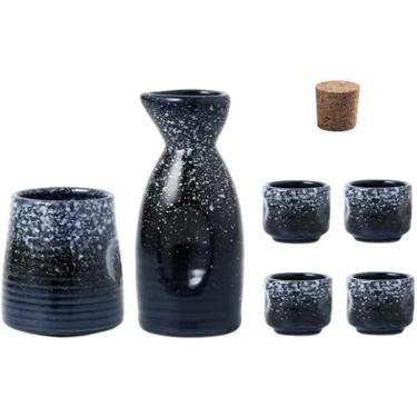 Imagem de Conjunto De Saquê Japonês Garrafa De Saquê De Cerâmica E Copos De Saquê Com Bandeja De Madeira Para Casa Ou Restaurante, 1 Pot 4 Cups(black)