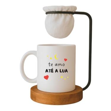 Imagem de Kit Dia dos Namorados, Caneca 'Te amo até a Lua' com Mini Coador de Café, Base em Madeira