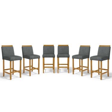Imagem de Kit Com 6 Banquetas Eloá Madeira Maciça Assento Estofado Para Bancada Linho Chumbo 406
