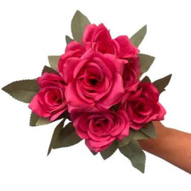 Imagem de Buquê de Rosas Com 7 Flores Cada Artificial Decoração Casa (Fúcsia)