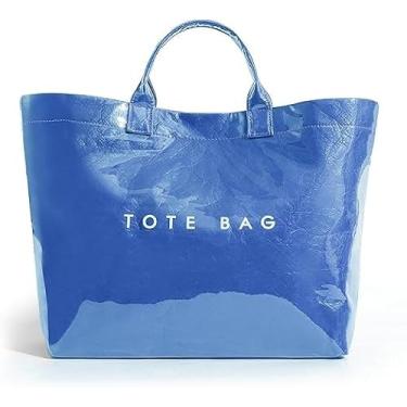 Imagem de Lushandy Sacola feminina de PVC com estampa de letras, sacolas grandes de papel kraft de plástico, bolsa Hobo de designer transparente, Azul 02, One Size