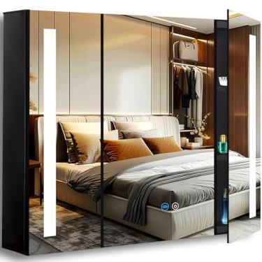 Imagem de MEIOUKA Espelho para armário de remédios de madeira preta de 71 x 101 cm com luzes para banheiro, armário de remédios iluminado com luz espelhada, 3 cores, regulável, antiembaciamento, 40 armários de