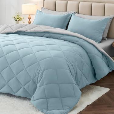 Imagem de MUXHOMO Jogo de cama solteiro GG de 5 peças, cama reversível em uma bolsa, tamanho twin GG, todas as estações, lençol de cima, lençol com elástico, fronhas e fronhas, azul acinzentado e cinza claro