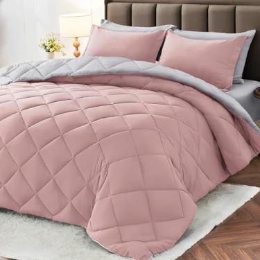 Imagem de MUXHOMO Jogo de cama de solteiro, GG, 5 peças, cama reversível em uma bolsa, tamanho twin GG, todas as estações, lençol de cima, lençol com elástico, fronhas e fronhas, rosa e cinza claro