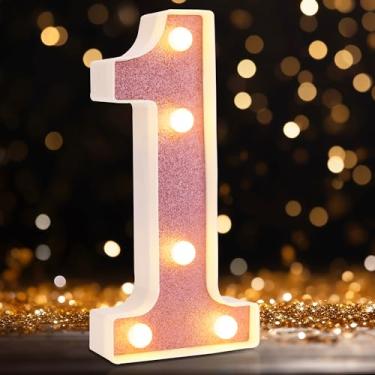 Imagem de DyingSwan Números de letreiro de LED, números iluminados para festas, letras pequenas iluminadas, número iluminado alimentado por bateria para aniversário ou decoração de casa (glitter rosa 1)