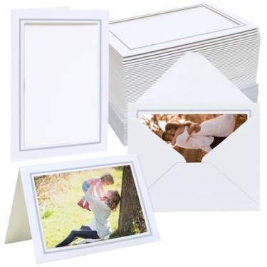 Imagem de Pacote com 100 cartões para porta-retratos com envelopes, porta-retrato de papel 10 x 15 cm, cartões de inserção em branco para casamento, formatura, dia das mães, sala de aula DIY - branco com