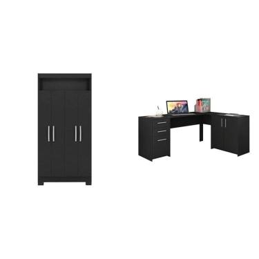 Imagem de Kit para Escritório com 1 Mesa de Canto e Armário Multiuso 4 Portas com Nicho Preto Tx