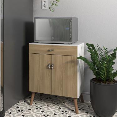 Imagem de Balcão para Micro Ondas Cozinha com Portas e Gaveta Pés Palito Branco / Feijó