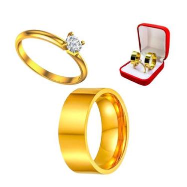 Imagem de Aliança Ouro 18k Lisa 8mm Casal Tungstenio Noivos + Solitario Dourado 