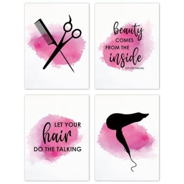 Imagem de TLESKE Conjunto de 4 impressões de pôsteres e citações de salão de beleza para salão de beleza, arte de parede de cosmetologia, decoração para salão de beleza, cabeleireiro glamouroso cabeleireiro