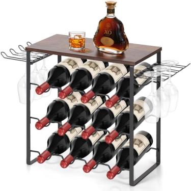Imagem de Adega Empilhavel Porta Garrafas Vinho, Porta Vinho, Mini Adega de Vinho, Suporte para Vinho com Prateleiras Que Acomodam 12 Garrafas de Vinho E 4-6 Taças, Rack de Vinho de Mesa com Suporte para Taças
