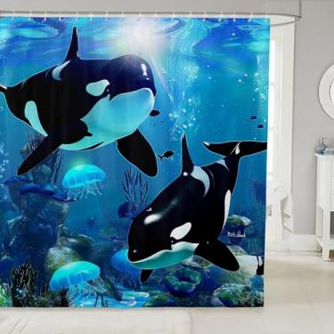Imagem de Cortina de chuveiro azul-petróleo baleia oceano água-viva cortina de banho baleia assassina conjuntos de banheiro mundo subaquático Orcinus Orcas Deep Sea Animals Marine Life Conjuntos de cortinas de