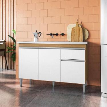 Imagem de Balcão De Pia Ambiente Tatiane 120cm Amêndoa Branco - Ajl