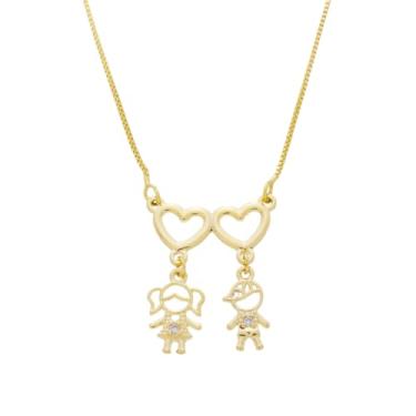 Imagem de Colar 2 Filhos Menino e Menina Pingente Coração Banhado Ouro Cor Dourado (Casal)