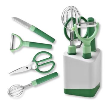 Imagem de Kit de Utensílios de Cozinha 5 em 1 Verde com Suporte Compacto – Fouet, Faca, Tesoura, Descascador | Organização e Praticidade para sua Rotina