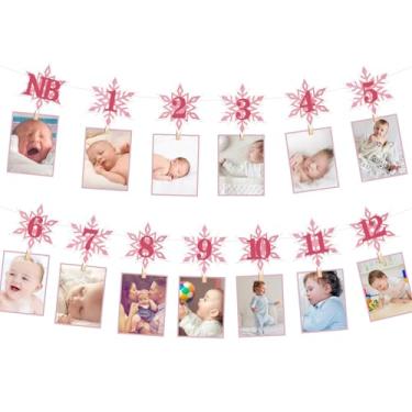 Imagem de Faixa fotográfica de 1º aniversário de floco de neve para meninas recém-nascidas a 12 meses, guirlanda mensal de maravilhas de inverno para decoração de festa de primeiro aniversário de Natal (rosa)