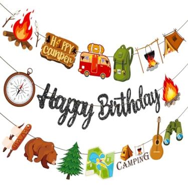 Imagem de Banner de feliz aniversário com tema de acampamento, letras pretas com glitter, decorações de festa de aventura com fogueira, barraca, ícones de bússola