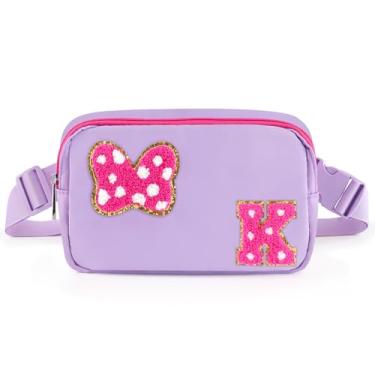 Imagem de Pochete com laço com letra inicial de chenille, bolsa tiracolo impermeável para parque, presentes de aniversário de Natal para adolescentes, meninas, mulheres, crianças, adultos, bolsa de cinto fofa