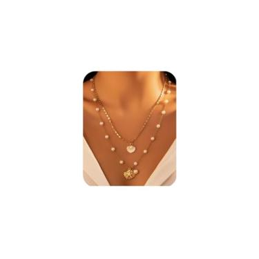 Imagem de Colar feminino com estrela do mar, concha de tartaruga, banhado a ouro, com pingente de pérola, pingente de pérola, joia de aço inoxidável ajustável para férias de verão na praia, 16-18IN, Aço