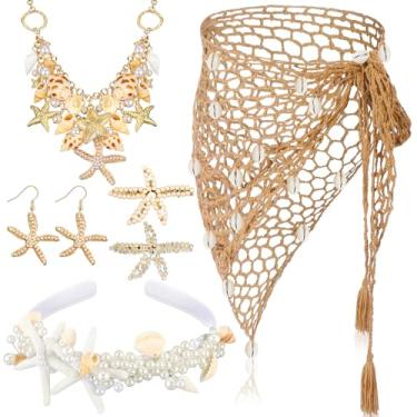Imagem de Blosssound 6 peças de verão sereia fantasia saia praia crochê mão xaile estrela do mar pérola grampos de cabelo concha colar, Marrom; branco, tamanho �nico