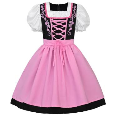 Imagem de JerrisApparel Fantasia de menina Dirndl Oktoberfest vestido bávaro festival de cerveja avental de empregada doméstica roupas cosplay Halloween (rosa, 14-16 anos/GG)