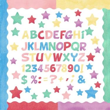 Imagem de Containlol Conjunto de 188 peças com bordas de cartaz de boletim em cor pastel com glitter, conjunto de recortes de letras e estrelas, inclui 18 metros com acabamento em boletim de 18 metros, letra do