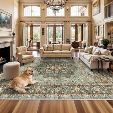 Imagem de TOPRUUG Tapete de área oriental lavável - 30,5 x 38,5 cm para sala de estar, tapete macio para quarto, impermeável, floral, envelhecido, resistente a manchas, não derrama, tapetes de chão (verde, 30 x