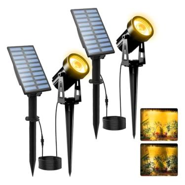 Imagem de T-SUNUS Projetores solares de Halloween para paisagem, pacote com 2, branco quente, IP65, à prova d'água, cabo de 3 metros, painel separado de luz de jardim de 3000 K para árvore de Natal, bandeira