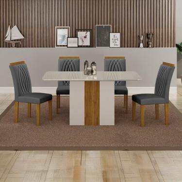 Imagem de Conjunto de Mesa Retangular com Tampo de Vidro Off White e 4 Cadeiras Doha Veludo Chumbo