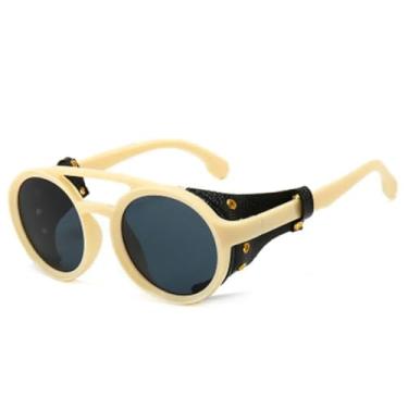 Imagem de Óculos de sol steampunk masculino de couro redondo, óculos de visão noturna vintage punk para caminhada, óculos de dirigir, UV400, bege, HFA, 001