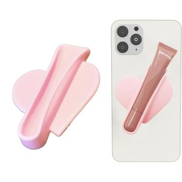 Imagem de Rookii Capa de telefone com suporte de brilho labial em formato de coração, capa de telefone com suporte de batom. Suporte de silicone para brilho labial, protetor labial adesivo para iPhone e Android