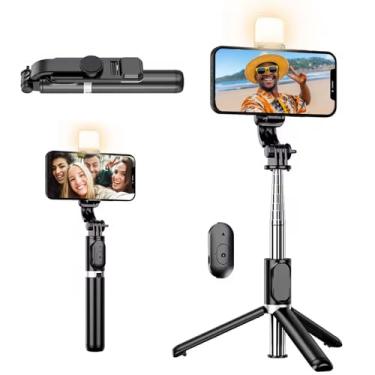 Imagem de Bastão de Selfie com LED Tripé, Controle Bluetooth Remoto, Rotação 360°, Extensível até 1 Metro, Luz Compatível com iPhone e Android – Leve, Portátil, 3 em 1