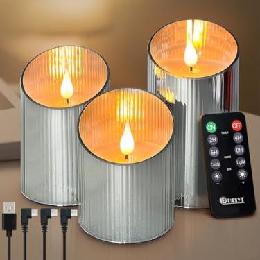 Imagem de LEDHOLYT Vela recarregável sem chama, vela falsa de vidro LED cintilante com controle remoto e temporizador, bateria incorporada, vela eletrônica de cera real para decoração de quarto, conjunto de 3