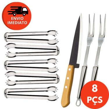 Imagem de Kit Churrasco Garfo Trinchante Inox E Pegador Carne E Faca Peixeira 7 