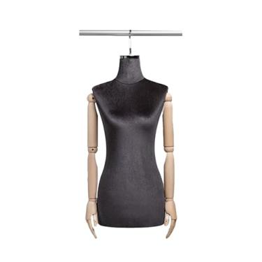 Imagem de Mannequin Manequim pendurado com torso de tecido de veludo, braço ajustável de madeira maciça, usado para vitrine de loja de roupas, exposição de loja(Black,Silver short hook)