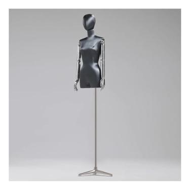 Imagem de Torso de manequim feminino de seda com suporte de metal prateado, cabeça giratória removível e braço de manequim, altura ajustável de 47 a 84 pol.(Black)