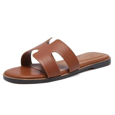 Imagem de Sexynite Chinelo feminino de couro de largura larga 2025, moderno, confortável, com espuma viscoelástica para calçados femininos, Marrom, 40