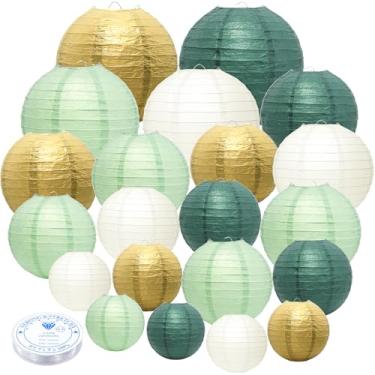 Imagem de 21 peças de lanternas de papel penduradas, lanternas de papel 10/6/8/25 polegadas verde sálvia e douradas decorativas, lanternas suspensas para casamento, aniversário, chá de bebê